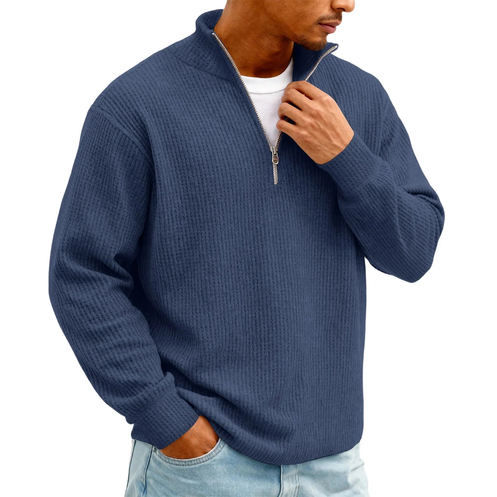 New Sweatshirts For Men Spring Waffle Long-sleeved T-shirt Men's Casual Loose Zipper Polo Collar Tees Tops Man Outwear