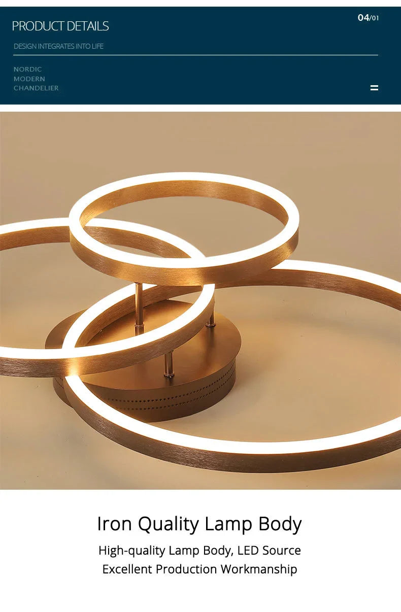 Household Gold Led Chandeliers 3 Circle Bedroom Metal Living Dining Room Lighting Chandelier Brown Glossy Lamp Home Indoor Lamps