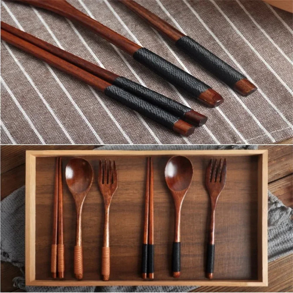 3 Piece Set Stainless Steel Cutlery Wooden Tableware Coffees and Teas Tableware Forks Spoon Korean Plates Dinner Sets Chopsticks