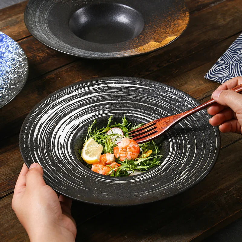 Italian Straw Hat Plate Commercial Italian Noodle Western Salad Plate Japanese Vintage Ceramic Plate UFO Round Deep Soup
