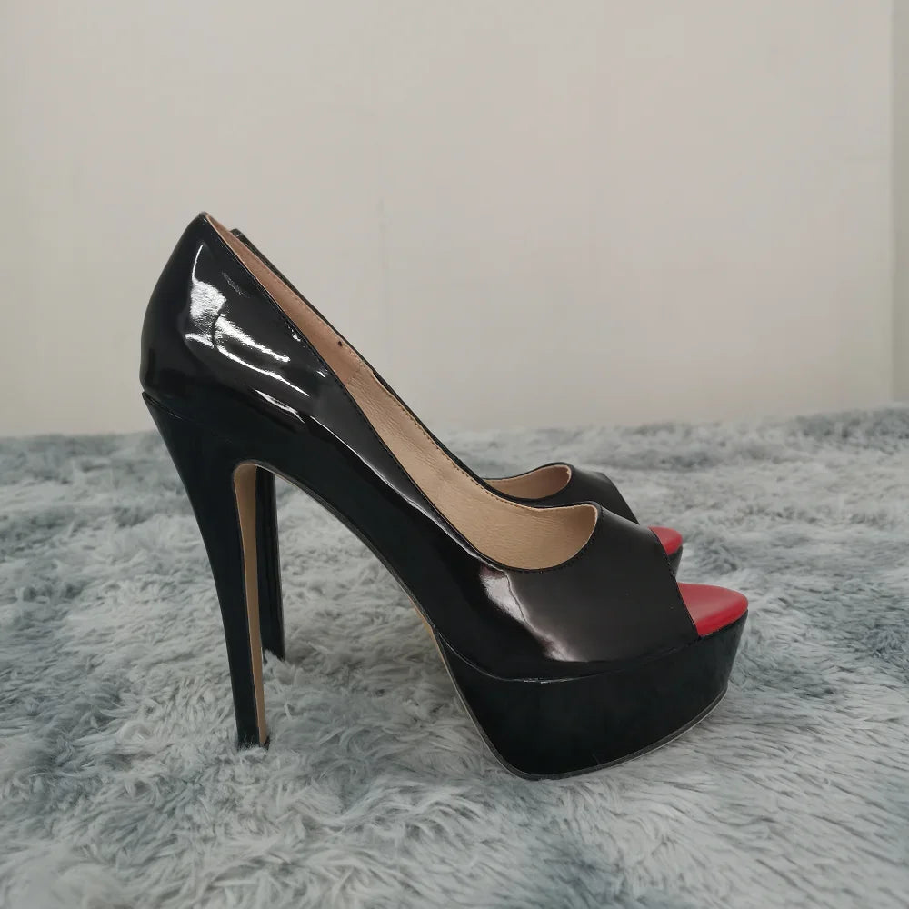 Women Pumps Stilettos Sexy Platform Peep Toe 14cm Extremely High Heels Patent Leather Party Nighclub Wedding Shoes Large Size 43