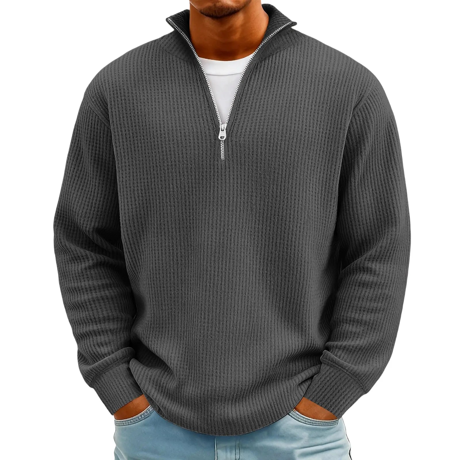 New Sweatshirts For Men Spring Waffle Long-sleeved T-shirt Men's Casual Loose Zipper Polo Collar Tees Tops Man Outwear