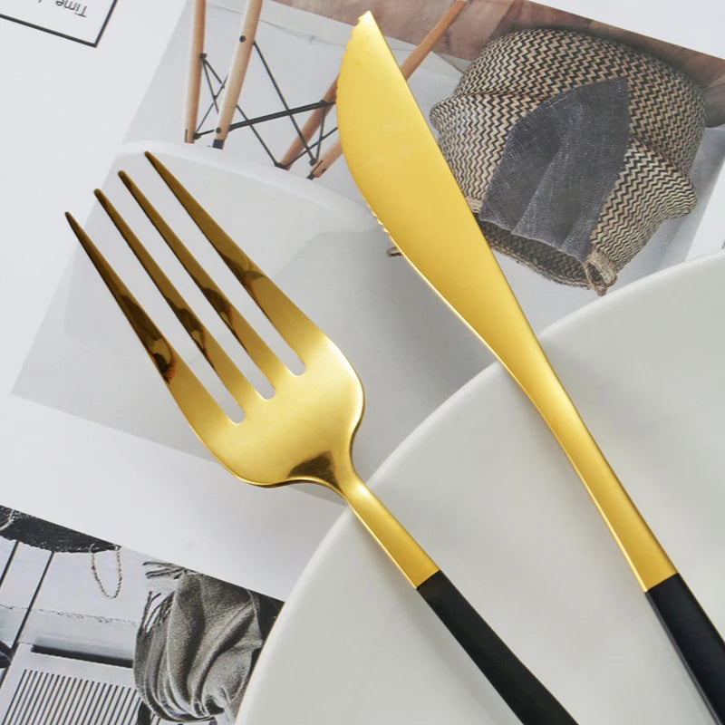 6pcs/30pcs Stainless steel knife and fork Portuguese tableware set Gold creative Western steak knife and fork spoon