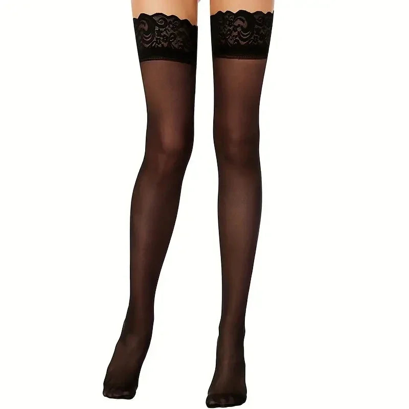 Women's Lace Top Thigh High Sheer Stockings Antiskid Silicone Ultra Shimmery Pantyhose