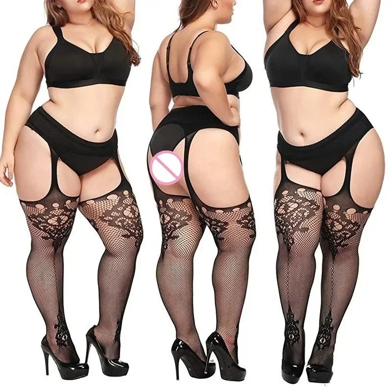 Lace Knee Thigh High Elastic Fishnet Stockings Sexy Transparent Thin Black Stocking White Plus Size Long Socks for Women Summer