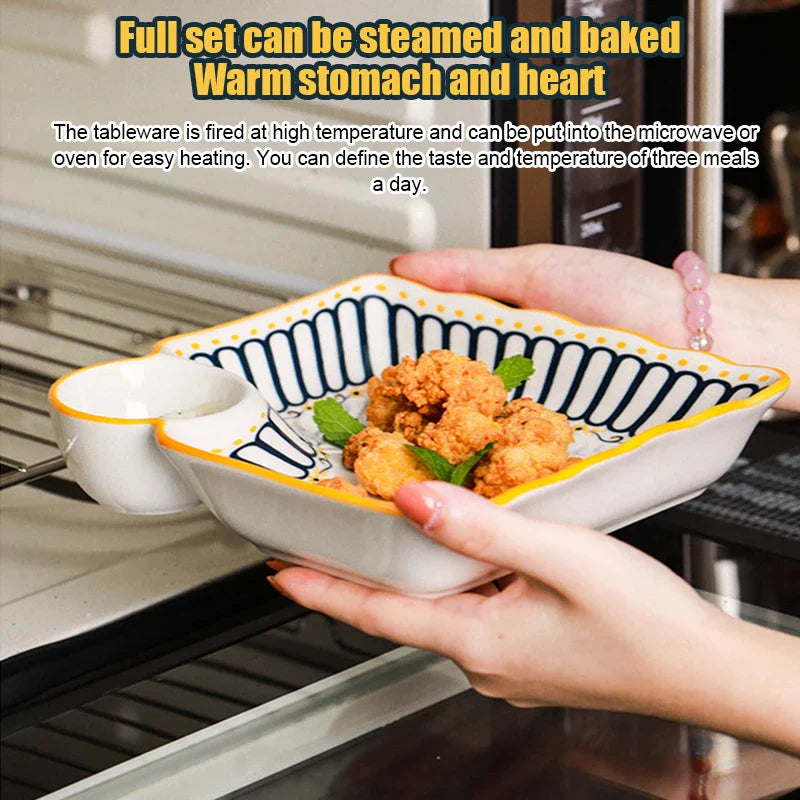 Dumpling Plate with Vinegar Dish Household Ceramic Plate Breakfast Compartment Plate High-Grade Dumpling