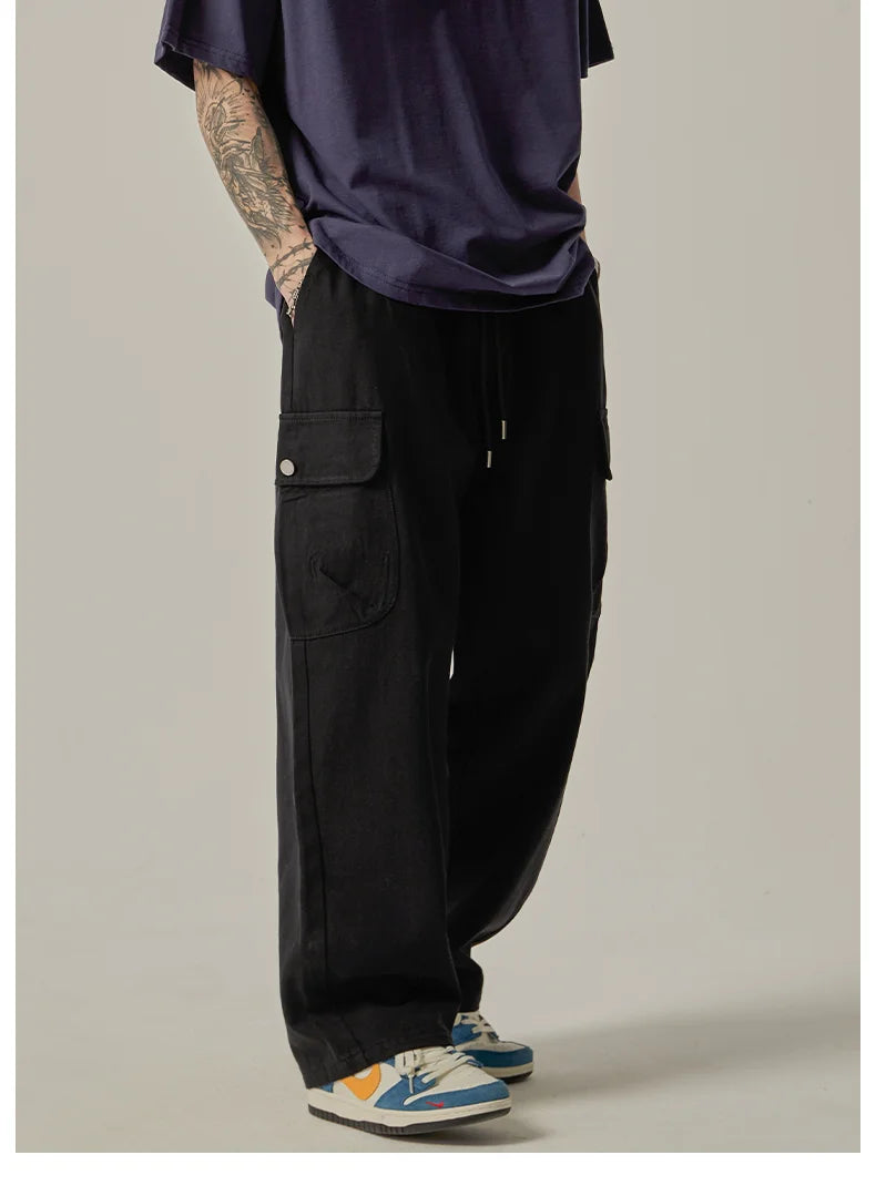 Men's Sweatpants 2025 Spring Autumn Vintage Japanese Wide Leg Straight Loose Button Big Pockets Cargo Pants Drawstring Trousers