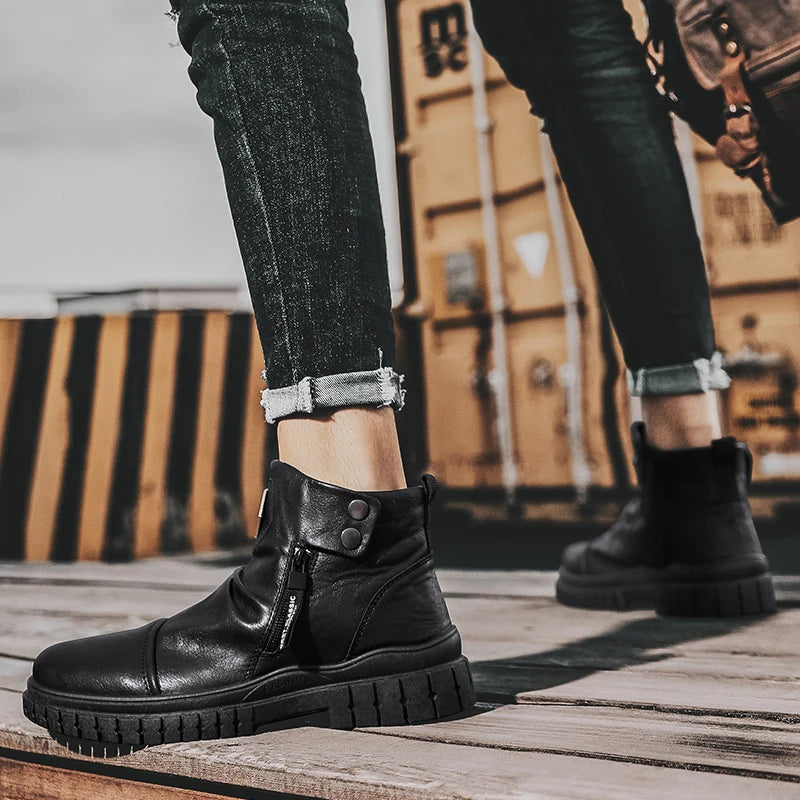 Fashion Mens Ankle Boots British Style High Top Casual Shoes Outdoor Walking Shoes Non-slip Work Boots Comfortable Leather Boots