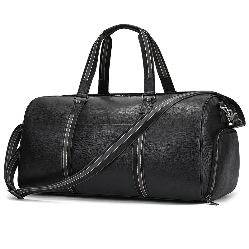 Big Capacity Genuine Leather Travel Bag For Men Women Soft Black Cowhide Casual Travel Duffel Large Luggage Weekend Shoulder Bag