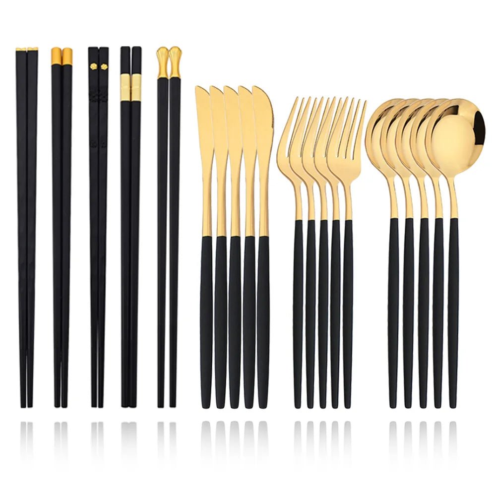 Black Gold Korean Tableware Set 15 - 20Pcs Luxury Cutlery Set Stainless Steel Dinnerware Knife Fork Spoon Chopsticks Cutlery Set - The Melt Theory Lab by Kandylandlaiid LLC