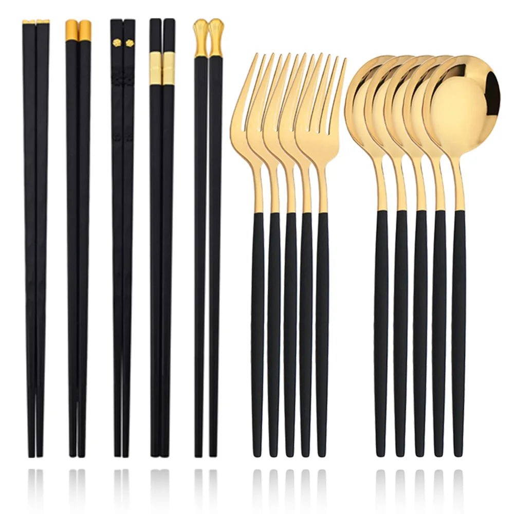 Black Gold Korean Tableware Set 15 - 20Pcs Luxury Cutlery Set Stainless Steel Dinnerware Knife Fork Spoon Chopsticks Cutlery Set - The Melt Theory Lab by Kandylandlaiid LLC