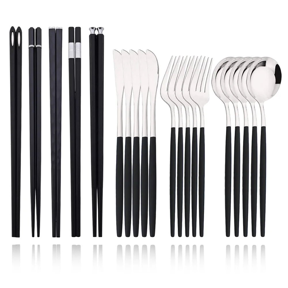 Black Gold Korean Tableware Set 15 - 20Pcs Luxury Cutlery Set Stainless Steel Dinnerware Knife Fork Spoon Chopsticks Cutlery Set - The Melt Theory Lab by Kandylandlaiid LLC