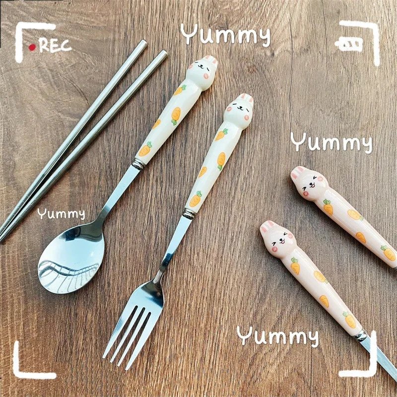 Cutlery Cartoon Rabbit Spoon Fork Chopsticks Sets Portable Lunch Tableware Stainless Steel Travel Dinnerware Kitchen Supplies - The Melt Theory Lab by Kandylandlaiid LLC