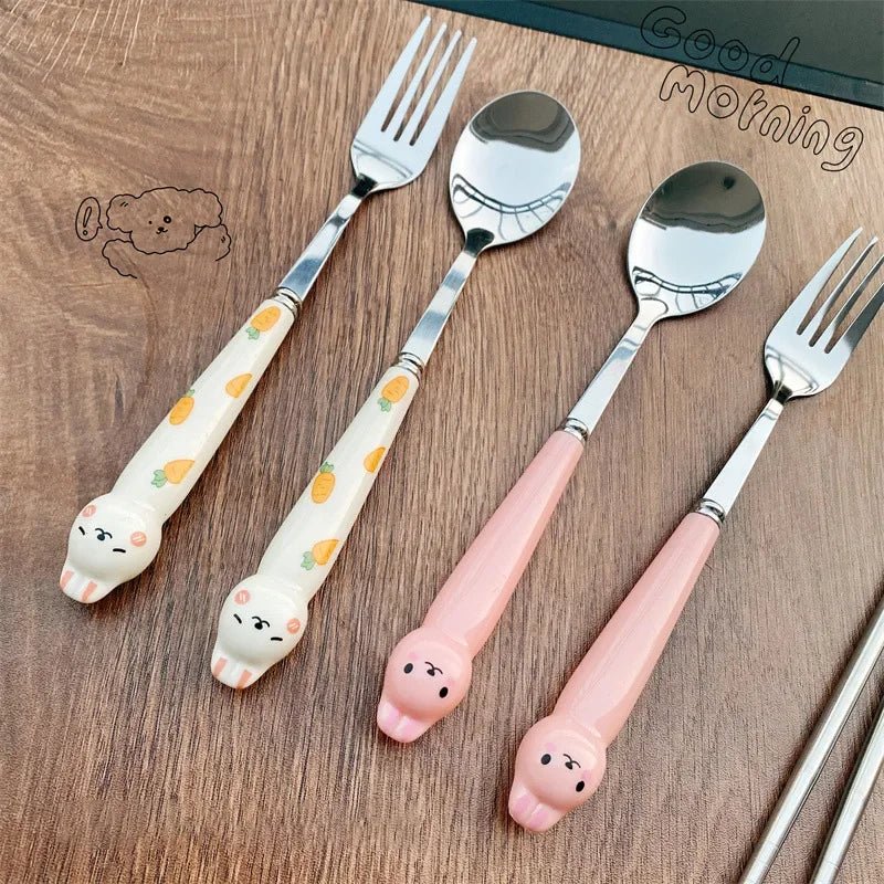 Cutlery Cartoon Rabbit Spoon Fork Chopsticks Sets Portable Lunch Tableware Stainless Steel Travel Dinnerware Kitchen Supplies - The Melt Theory Lab by Kandylandlaiid LLC