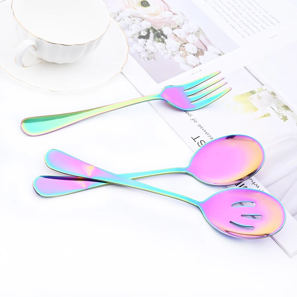 Drmfiy 5/7Pcs Black Cutlery Serving Utensils Dinnerware Set Buffet Catering Flatware Serving Colander Spoons Fork Silverware Set - The Melt Theory Lab by Kandylandlaiid LLC