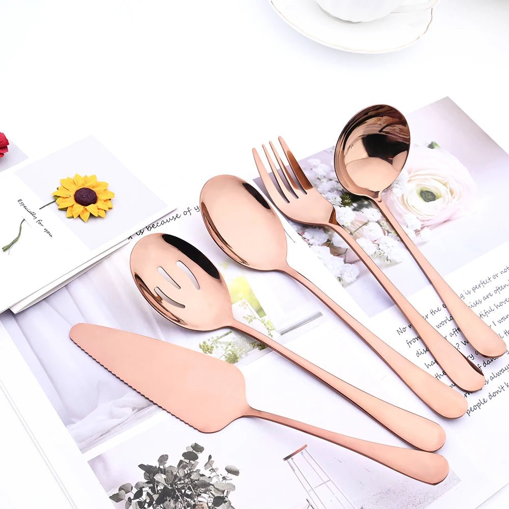 Drmfiy 5/7Pcs Black Cutlery Serving Utensils Dinnerware Set Buffet Catering Flatware Serving Colander Spoons Fork Silverware Set - The Melt Theory Lab by Kandylandlaiid LLC