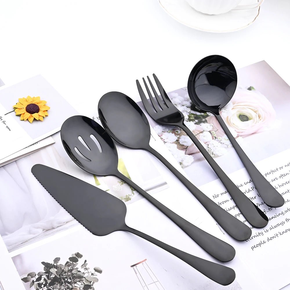 Drmfiy 5/7Pcs Black Cutlery Serving Utensils Dinnerware Set Buffet Catering Flatware Serving Colander Spoons Fork Silverware Set - The Melt Theory Lab by Kandylandlaiid LLC