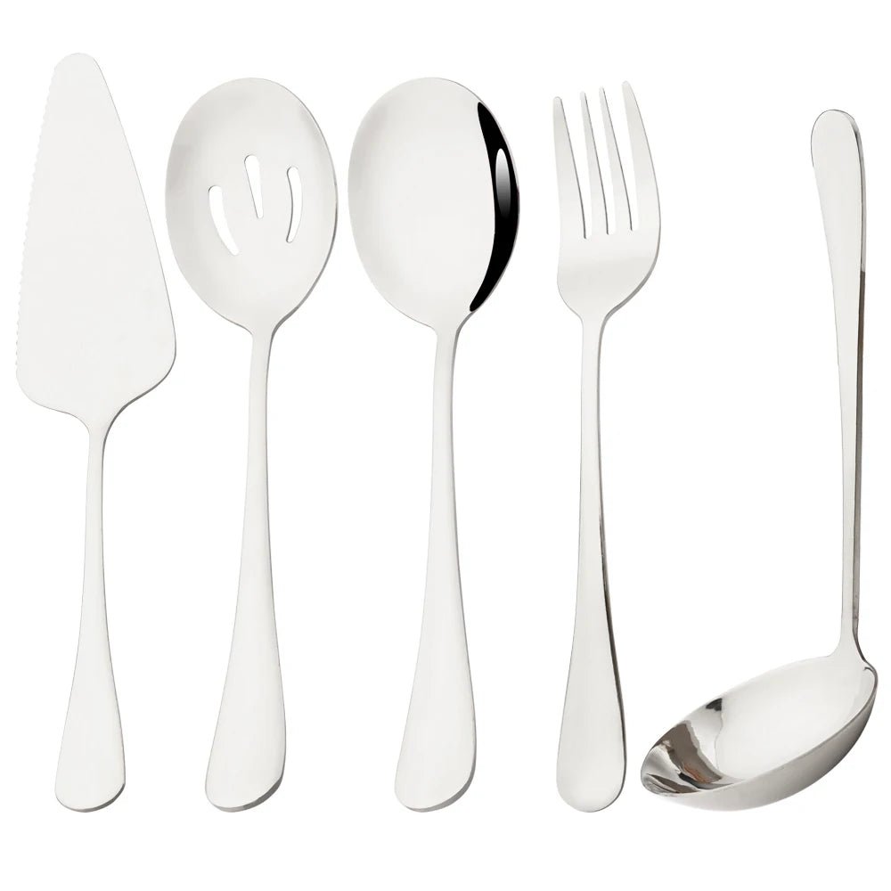 Drmfiy 5/7Pcs Black Cutlery Serving Utensils Dinnerware Set Buffet Catering Flatware Serving Colander Spoons Fork Silverware Set - The Melt Theory Lab by Kandylandlaiid LLC