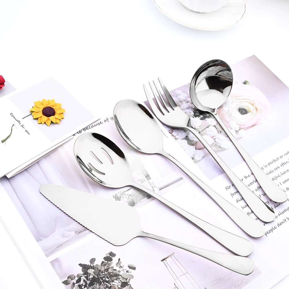Drmfiy 5/7Pcs Black Cutlery Serving Utensils Dinnerware Set Buffet Catering Flatware Serving Colander Spoons Fork Silverware Set - The Melt Theory Lab by Kandylandlaiid LLC