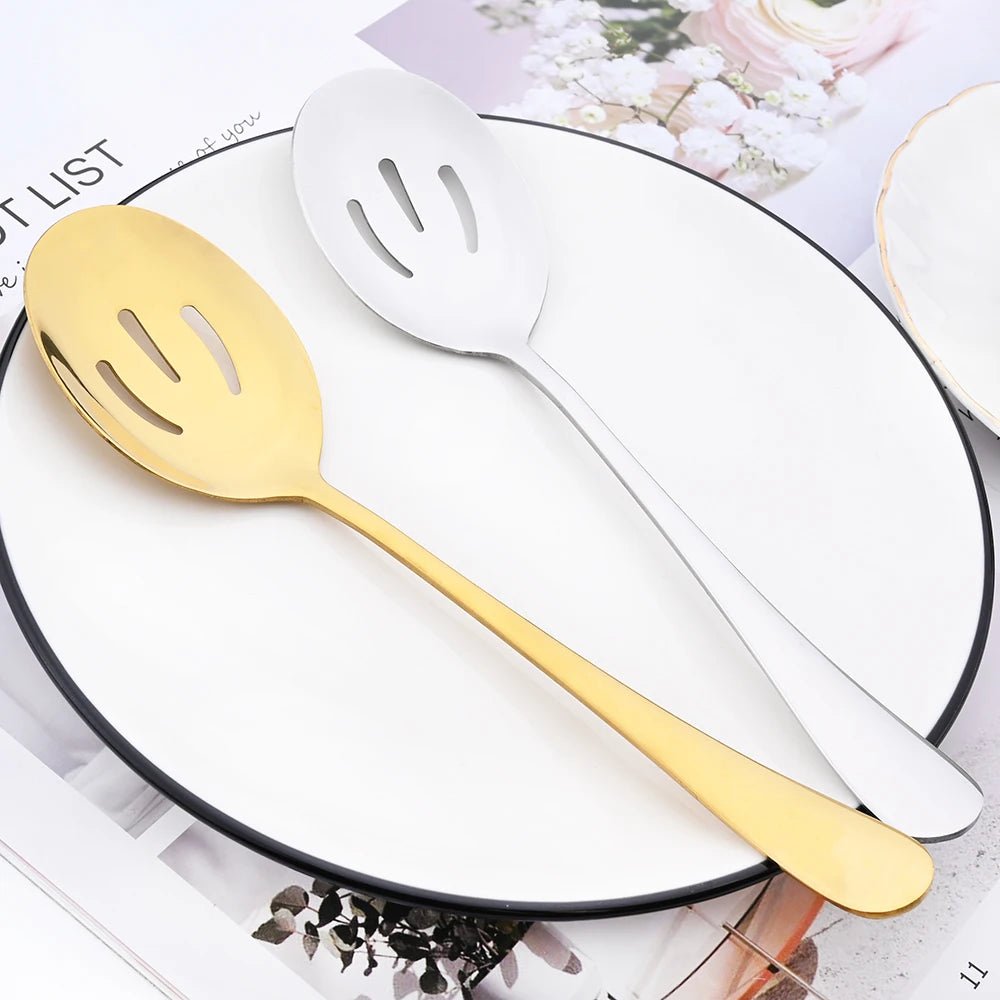 Drmfiy 5/7Pcs Black Cutlery Serving Utensils Dinnerware Set Buffet Catering Flatware Serving Colander Spoons Fork Silverware Set - The Melt Theory Lab by Kandylandlaiid LLC