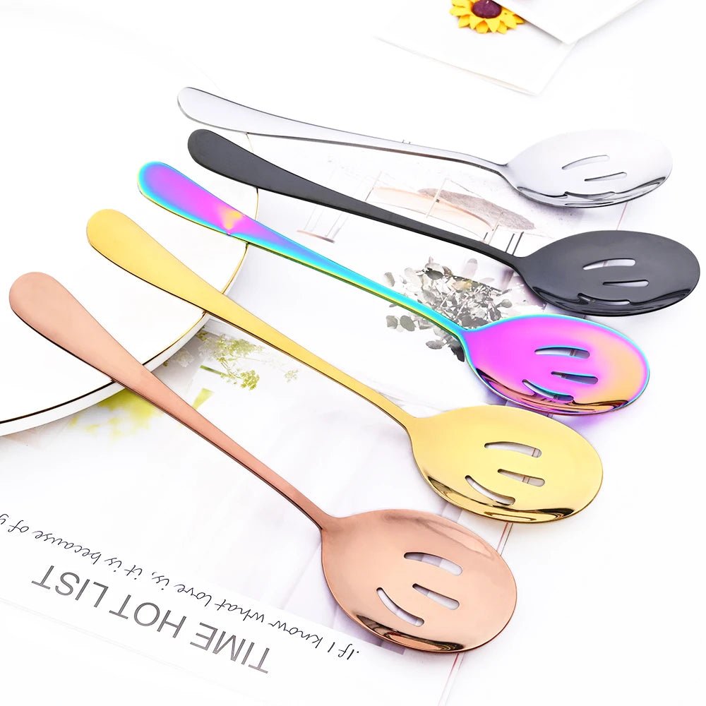 Drmfiy 5/7Pcs Black Cutlery Serving Utensils Dinnerware Set Buffet Catering Flatware Serving Colander Spoons Fork Silverware Set - The Melt Theory Lab by Kandylandlaiid LLC