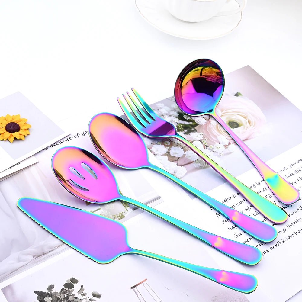Drmfiy 5/7Pcs Black Cutlery Serving Utensils Dinnerware Set Buffet Catering Flatware Serving Colander Spoons Fork Silverware Set - The Melt Theory Lab by Kandylandlaiid LLC