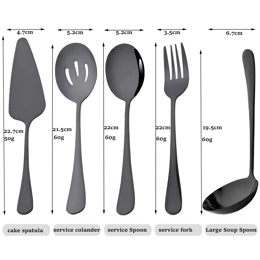 Drmfiy 5/7Pcs Black Cutlery Serving Utensils Dinnerware Set Buffet Catering Flatware Serving Colander Spoons Fork Silverware Set - The Melt Theory Lab by Kandylandlaiid LLC