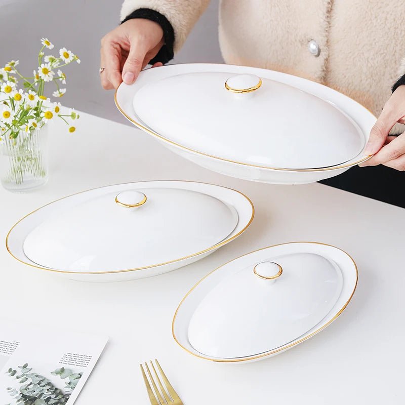 Steamed Fish Plate Oval Plate Abalone Juice Dish Sea Cucumber Plate Ceramic Dinnerware with Lid Hotel Restaurant dishes - The Melt Theory Lab by Kandylandlaiid LLC