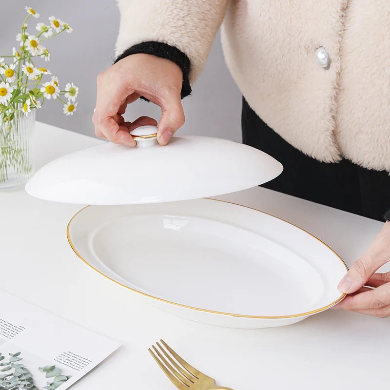 Steamed Fish Plate Oval Plate Abalone Juice Dish Sea Cucumber Plate Ceramic Dinnerware with Lid Hotel Restaurant dishes - The Melt Theory Lab by Kandylandlaiid LLC