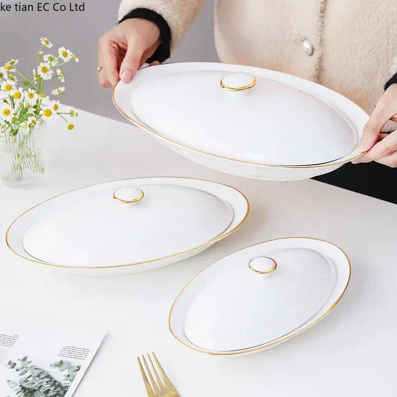 Steamed Fish Plate Oval Plate Abalone Juice Dish Sea Cucumber Plate Ceramic Dinnerware with Lid Hotel Restaurant dishes - The Melt Theory Lab by Kandylandlaiid LLC