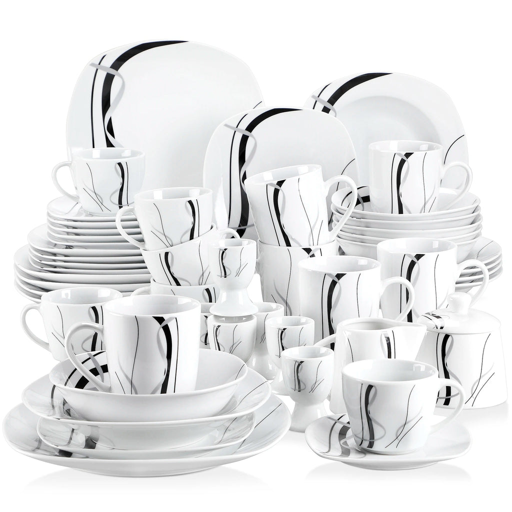 VEWEET FIONA 50/100 - Piece Porcelain Dinner Set with Egg Cup,Cup&Saucer,Mug,Dessert&Soup&Dinner Plate,Bowl,Milk Jug,Sugar Pot Set - The Melt Theory Lab by Kandylandlaiid LLC