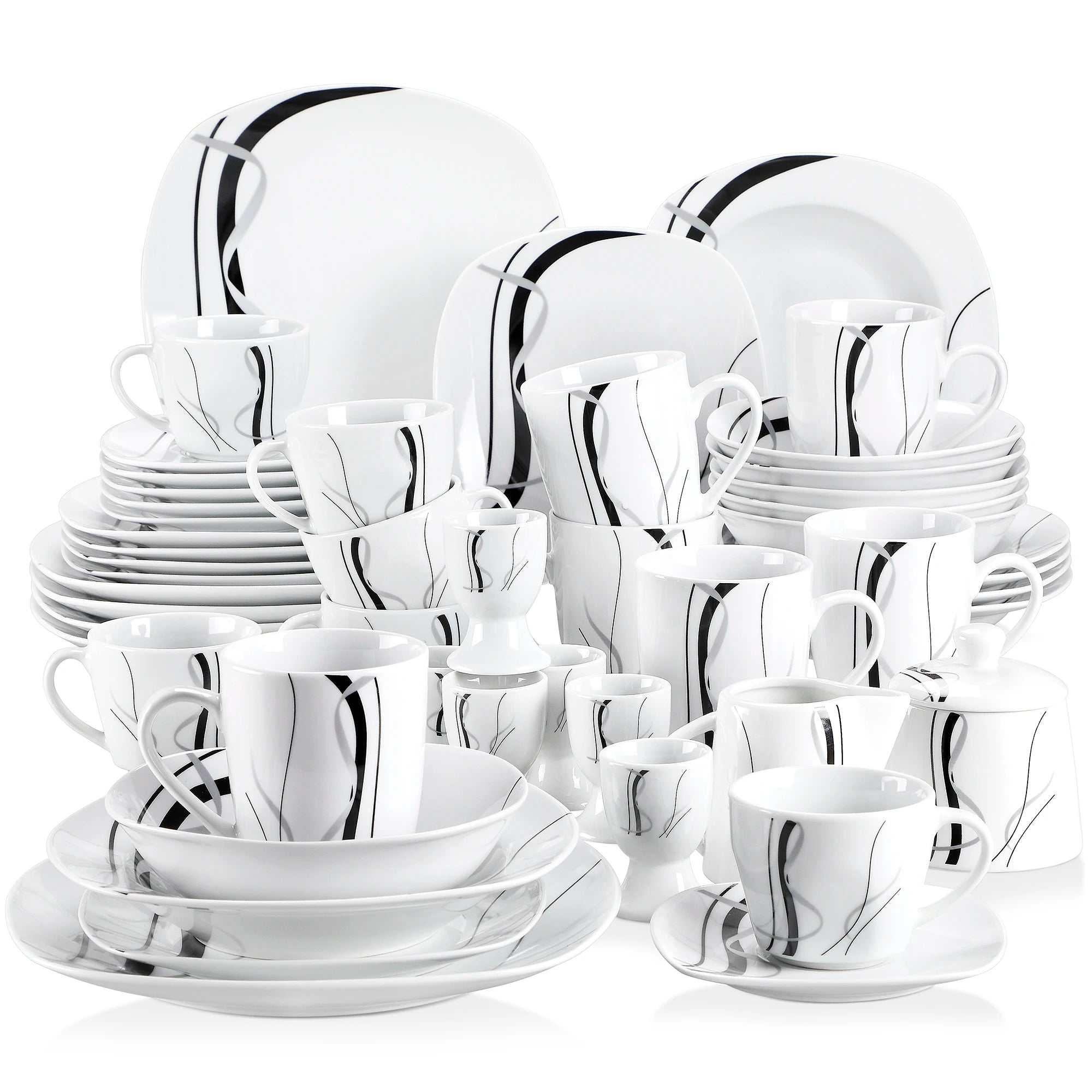 VEWEET FIONA 50/100 - Piece Porcelain Dinner Set with Egg Cup,Cup&Saucer,Mug,Dessert&Soup&Dinner Plate,Bowl,Milk Jug,Sugar Pot Set - The Melt Theory Lab by Kandylandlaiid LLC