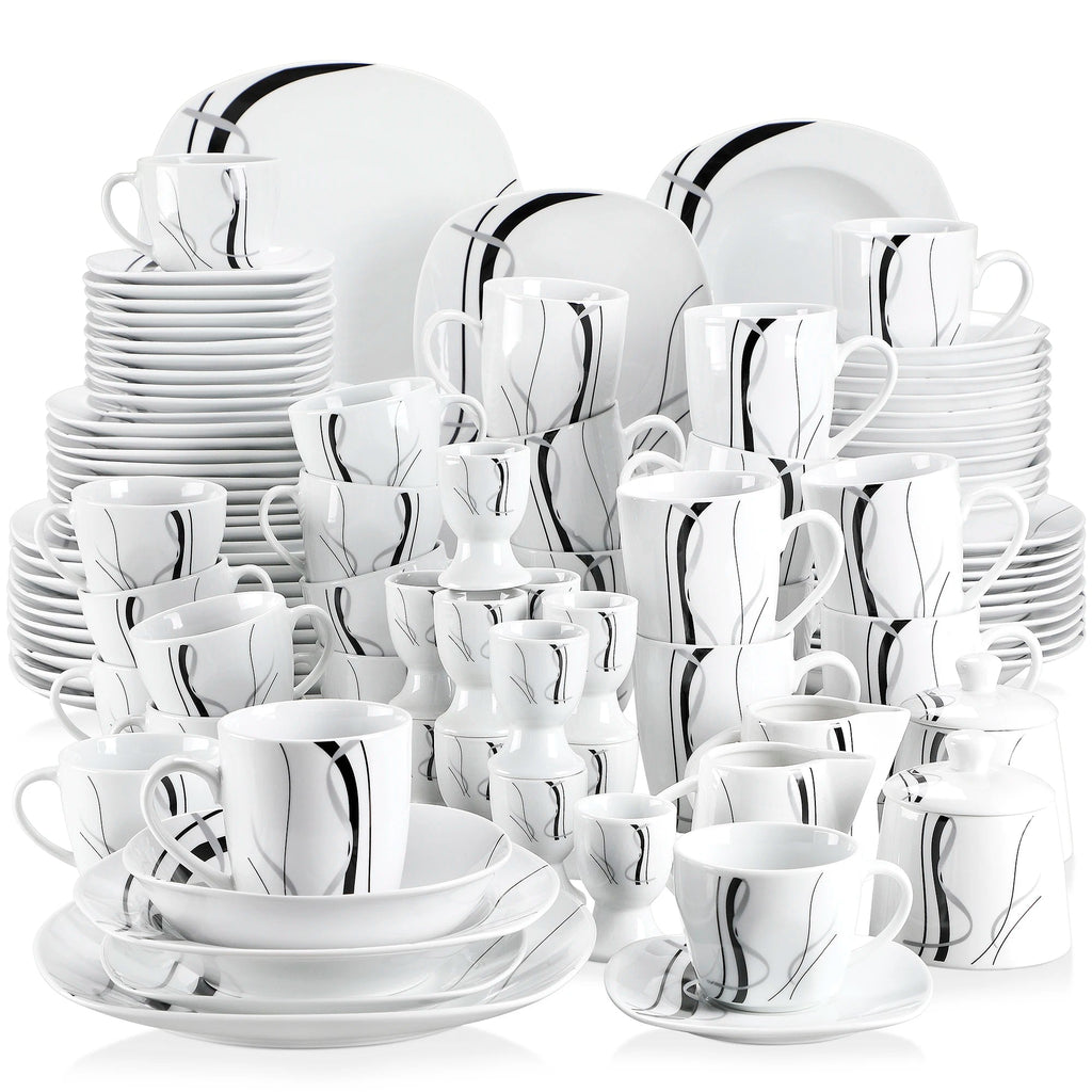 VEWEET FIONA 50/100 - Piece Porcelain Dinner Set with Egg Cup,Cup&Saucer,Mug,Dessert&Soup&Dinner Plate,Bowl,Milk Jug,Sugar Pot Set - The Melt Theory Lab by Kandylandlaiid LLC
