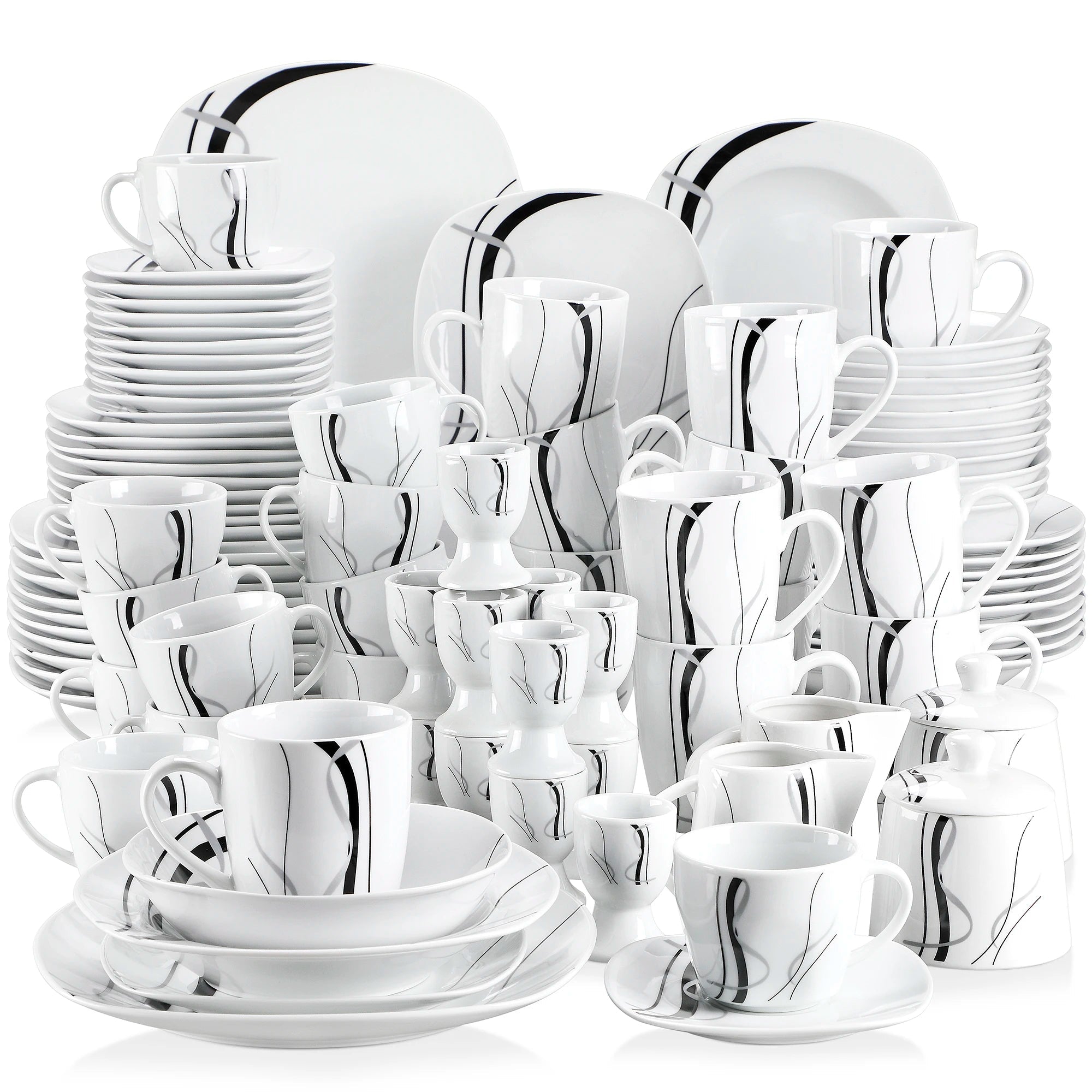 VEWEET FIONA 50/100 - Piece Porcelain Dinner Set with Egg Cup,Cup&Saucer,Mug,Dessert&Soup&Dinner Plate,Bowl,Milk Jug,Sugar Pot Set - The Melt Theory Lab by Kandylandlaiid LLC