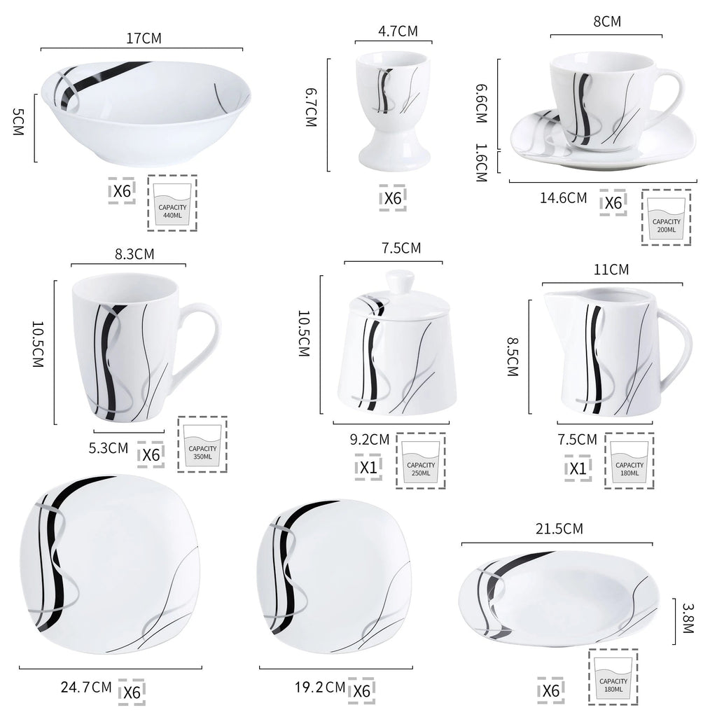 VEWEET FIONA 50/100 - Piece Porcelain Dinner Set with Egg Cup,Cup&Saucer,Mug,Dessert&Soup&Dinner Plate,Bowl,Milk Jug,Sugar Pot Set - The Melt Theory Lab by Kandylandlaiid LLC
