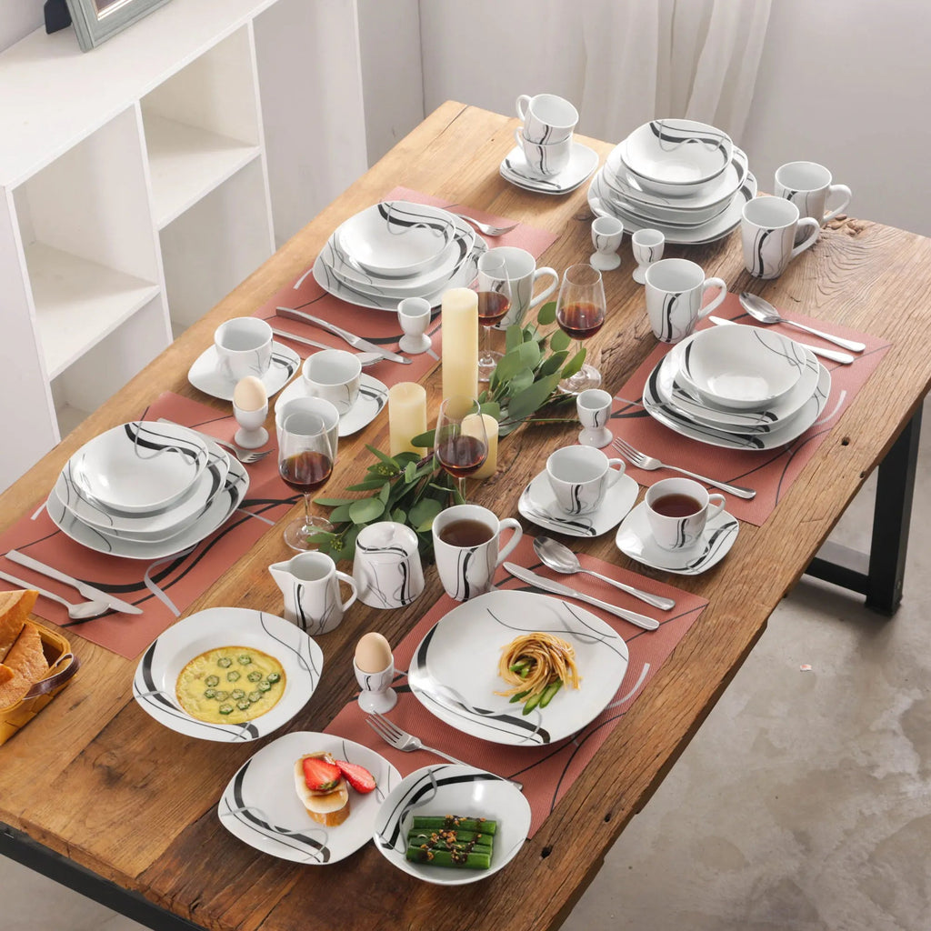 VEWEET FIONA 50/100 - Piece Porcelain Dinner Set with Egg Cup,Cup&Saucer,Mug,Dessert&Soup&Dinner Plate,Bowl,Milk Jug,Sugar Pot Set - The Melt Theory Lab by Kandylandlaiid LLC