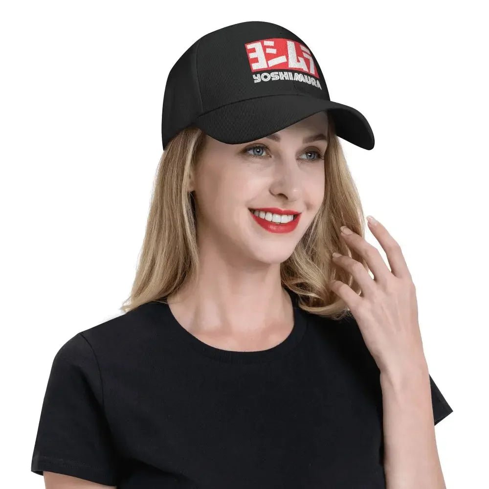 Yoshimura Motorcycle Racing Snapback Cap - Adjustable Black Baseball Hat with Bold Red & White Logo, Perfect for Sports Fans - The Melt Theory Lab by Kandylandlaiid LLC